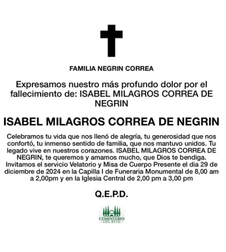 Obituario Isabel Milagros Correa De Negrin